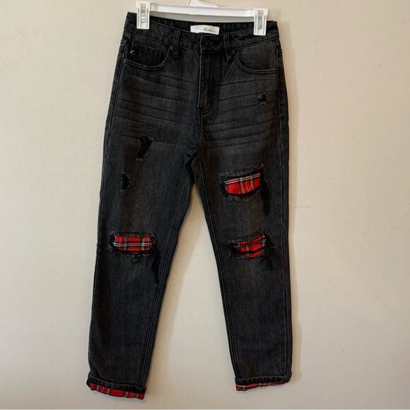Kancan Black Plaid Patch Distressed High Rise Slim Straight Jeans - Picture 1 of 7